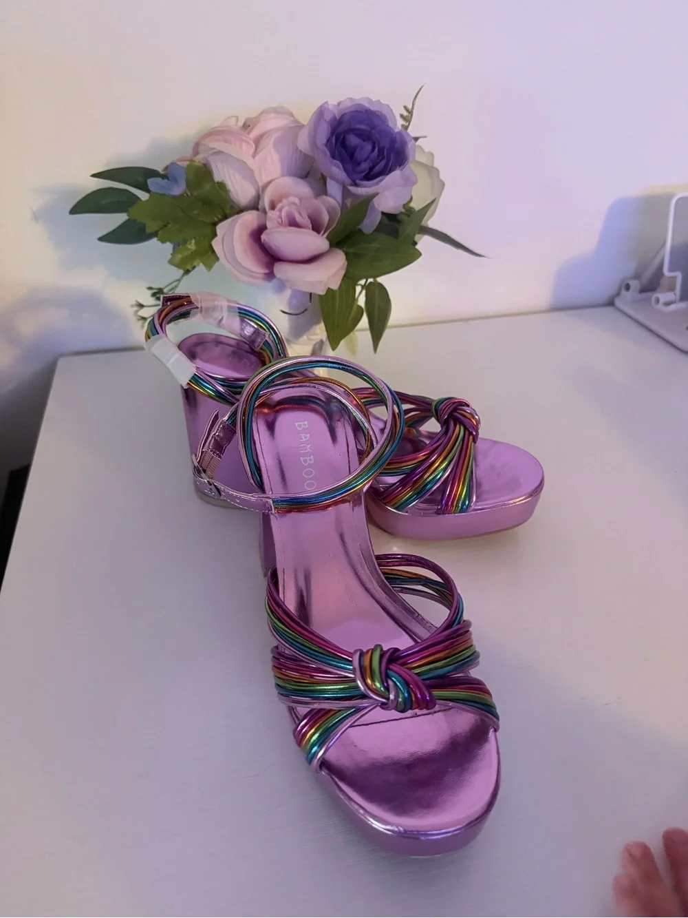 BAMBOO Metallic Pink Platform Sandals with Rainbow Straps